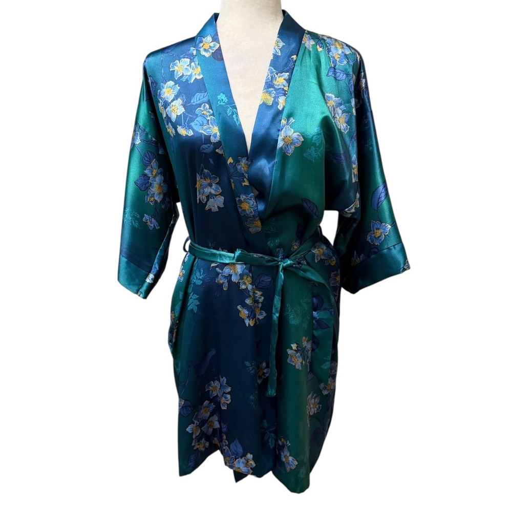 Vtg 90s Y2k Silky Robe Women XS Teal Blue Floral Satin Wrap Kimono Sleepwear